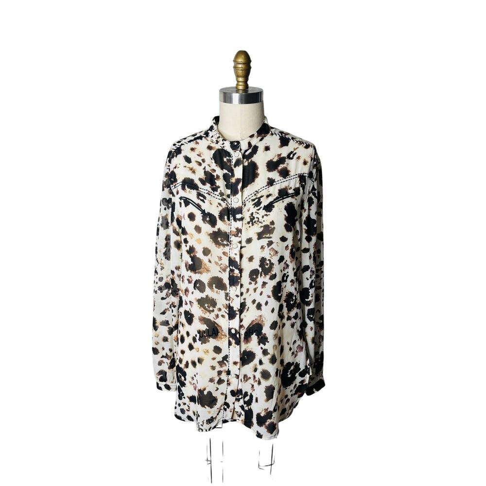 Double D Ranch Sheer Cowhide Western Band Collar Pearl Snap Long Sleeve Shirt M